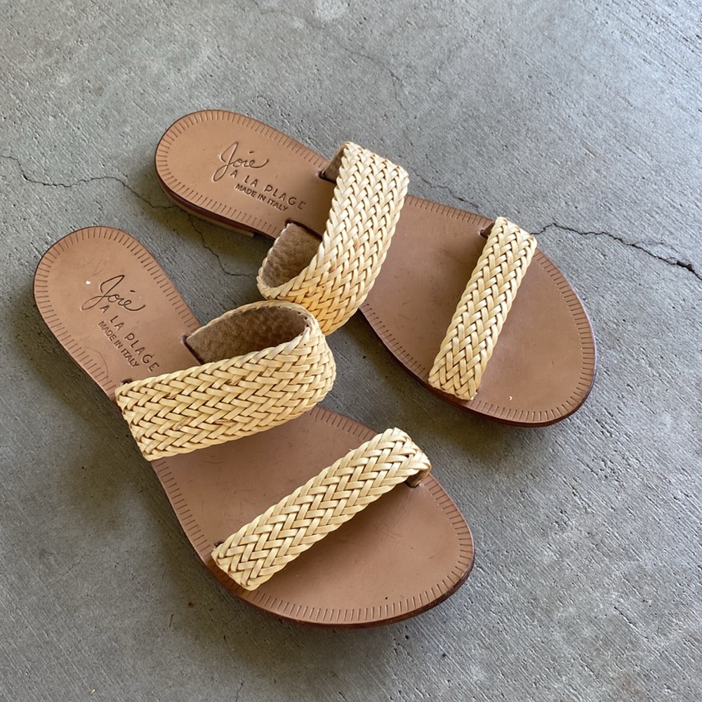 Joie Size 37 Two Strap Leather Flat Slide Sandal Cream/Brown Neutral